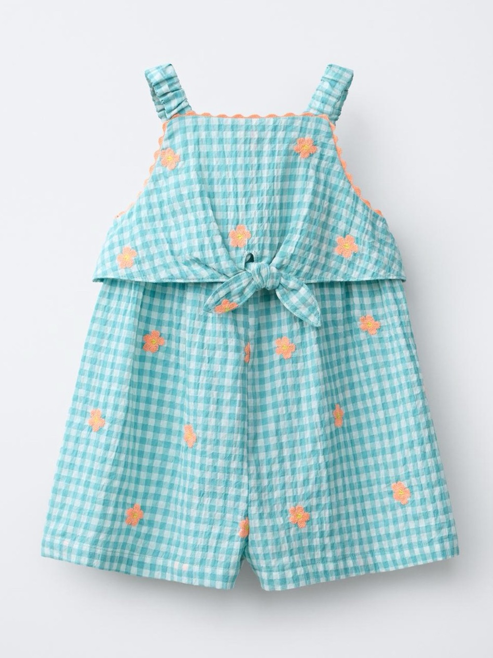 Zara Aqua Gingham Romper with Orange Daisy Embroidery